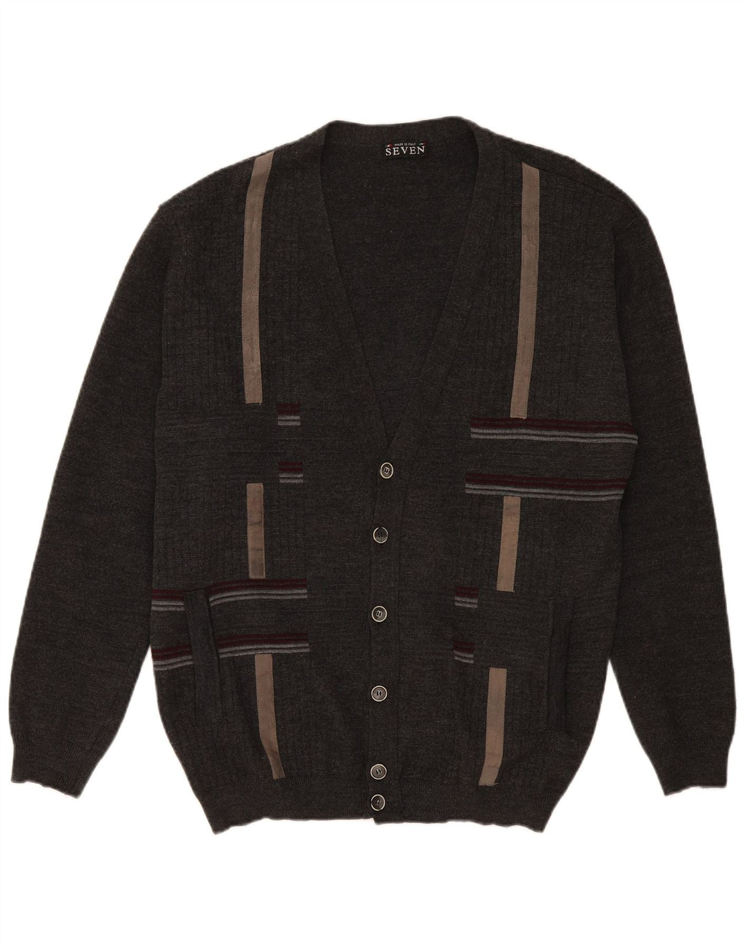 Vintage Mens Cardigan Sweater XL Grey Striped Wool