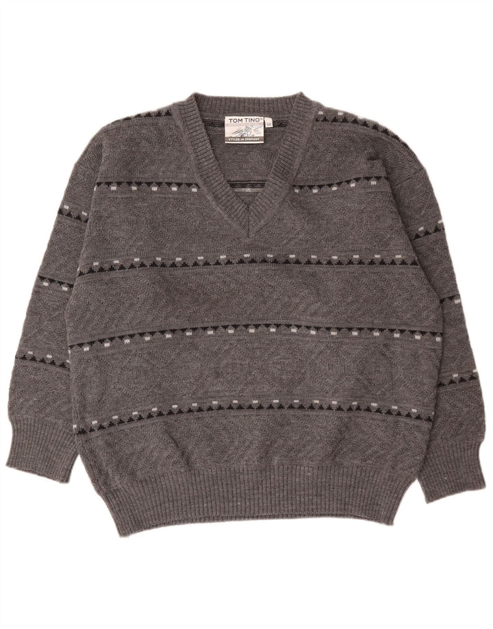 Tom Tino Mens V-Neck Jumper Sweater EU 50 Medium Grey Striped
