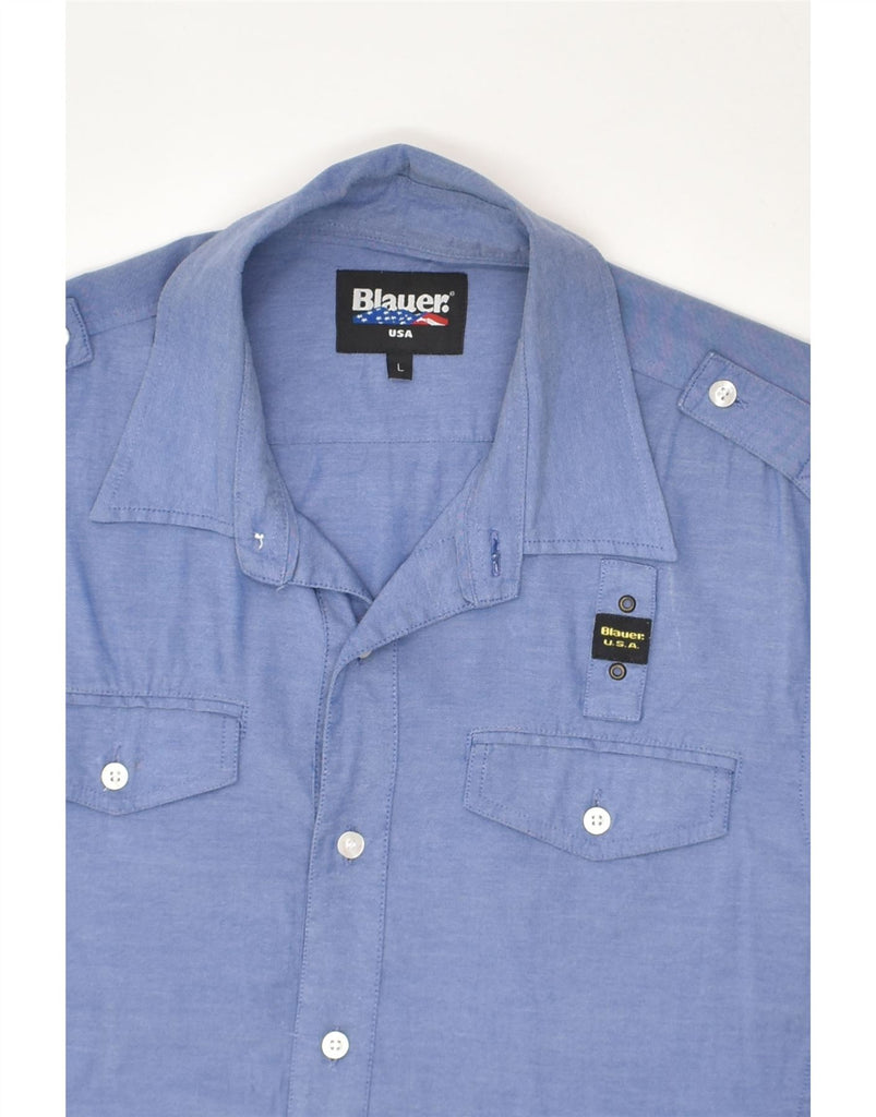 BLAUER Mens Short Sleeve Shirt Large Blue Cotton | Vintage Blauer | Thrift | Second-Hand Blauer | Used Clothing | Messina Hembry 