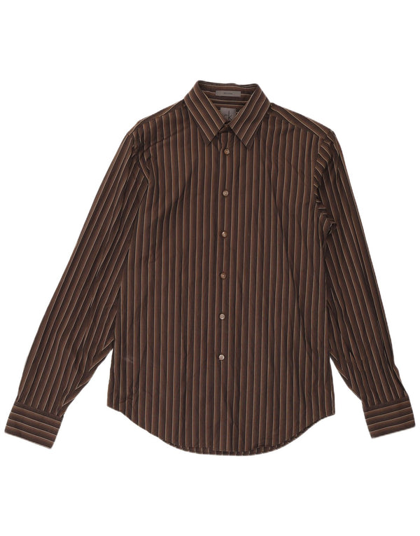 Calvin Klein Mens Slim Fit Shirt Size 15 38 Medium Brown Pinstripe Cotton