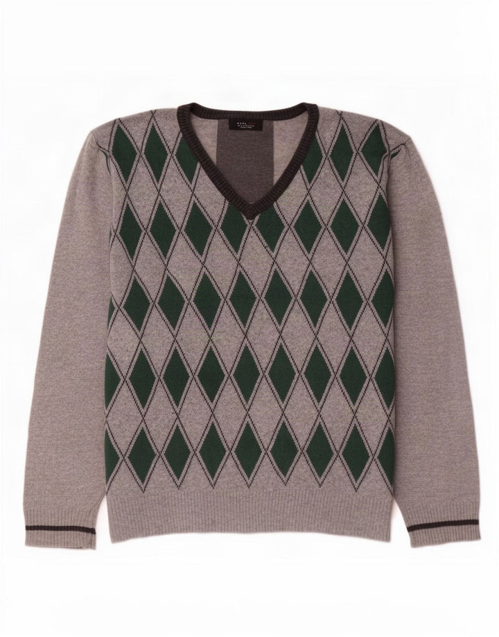 Zara Mens V-Neck Jumper Sweater XL Grey Argyle/Diamond