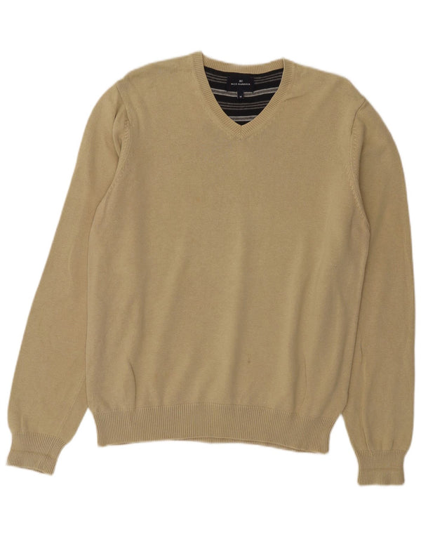 Marks & Spencer Mens Blue Harbour V-Neck Jumper Sweater Medium Beige Cotton