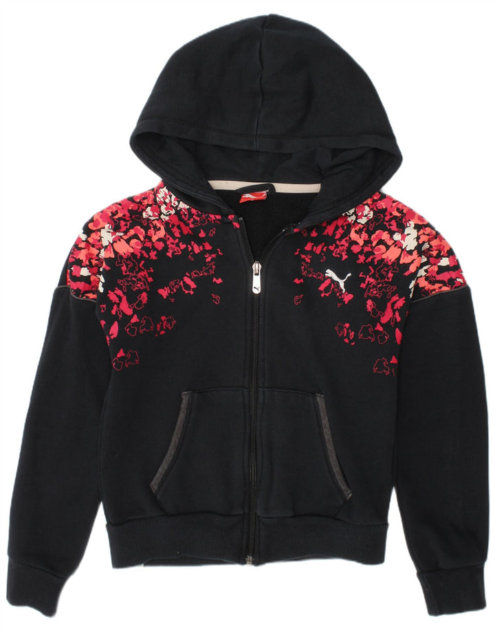 PUMA Girls Zip Hoodie Sweater 9-10 Years Black Camouflage Cotton