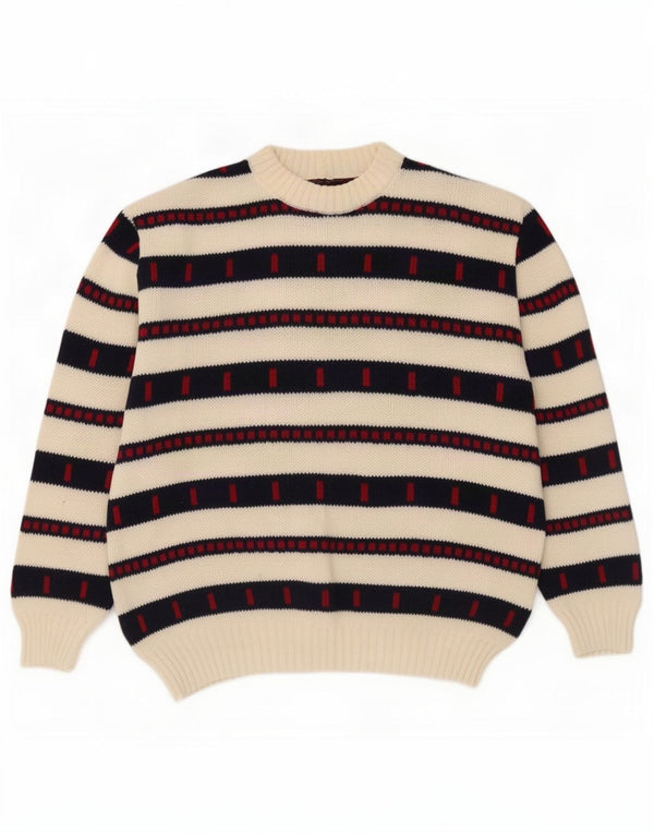 Vintage Mens Crew Neck Jumper Sweater Large White Striped