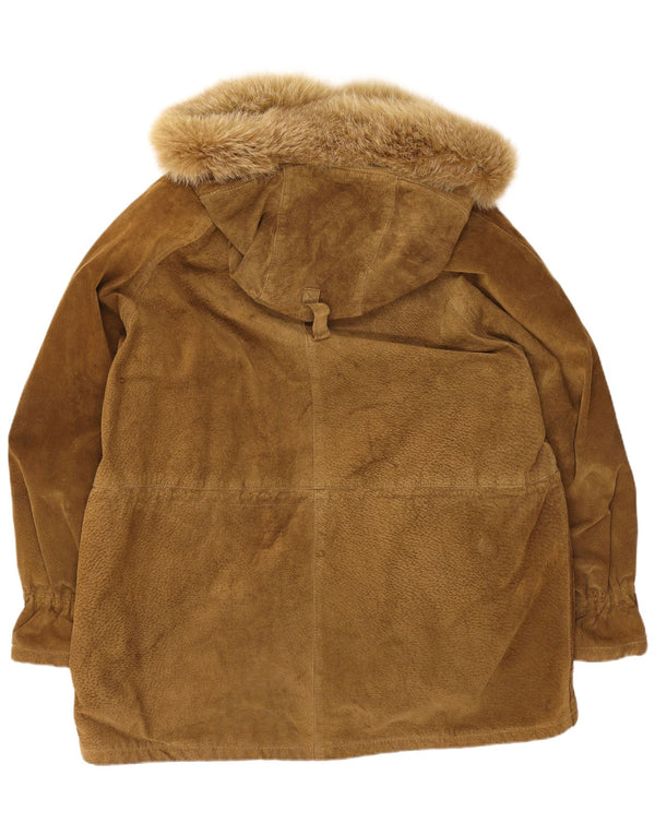 Vintage Womens Oversized Hooded Suede Overcoat EU 44 XL Beige