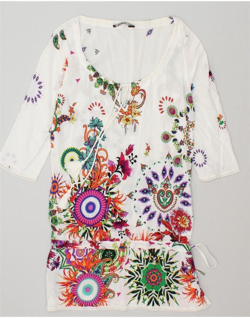 DESIGUAL Womens 3/4 Sleeve Drop Waist Dress UK 10 Small White Floral Vintage Desigual and Second-Hand Desigual from Messina Hembry 