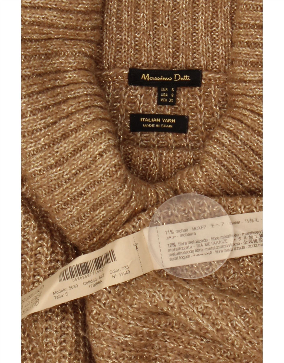 Massimo Dutti Womens Roll Neck Jumper Sweater UK 10 Small Beige Flecked