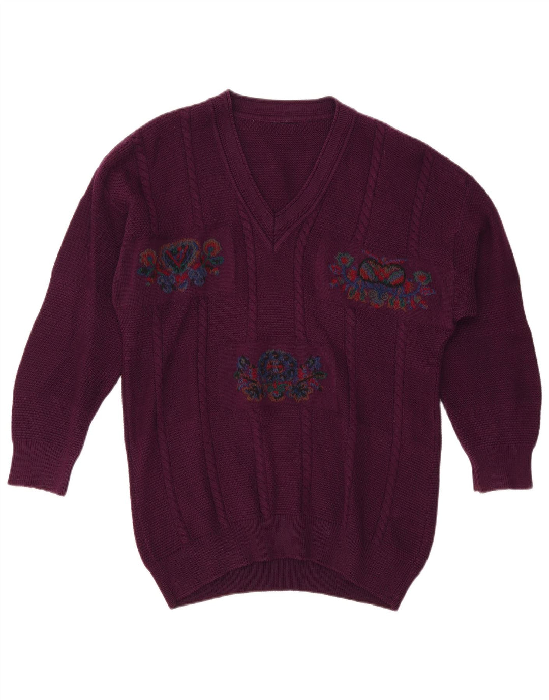 VINTAGE Mens V-Neck Jumper Sweater XL Purple Floral