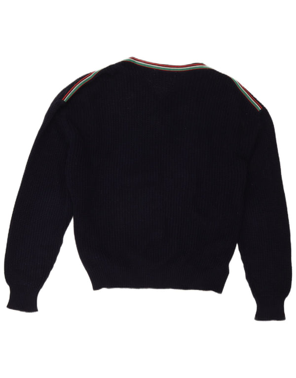 Vintage Womens V-Neck Jumper Sweater UK 16 Large Navy Blue Colourblock