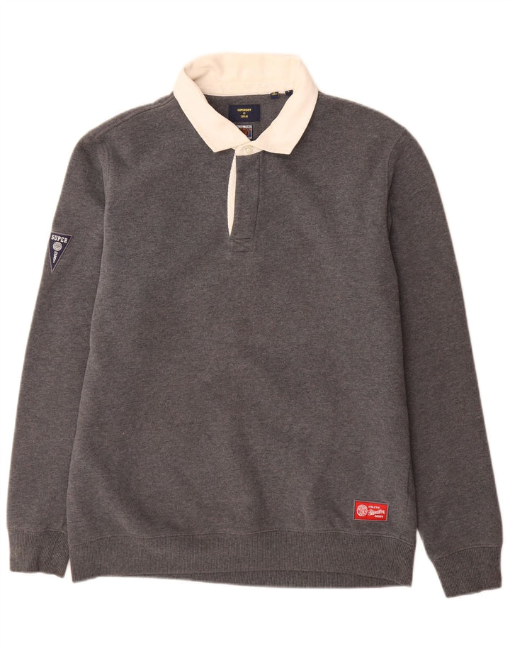Superdry Mens Polo Neck Sweatshirt Jumper Large Grey Cotton