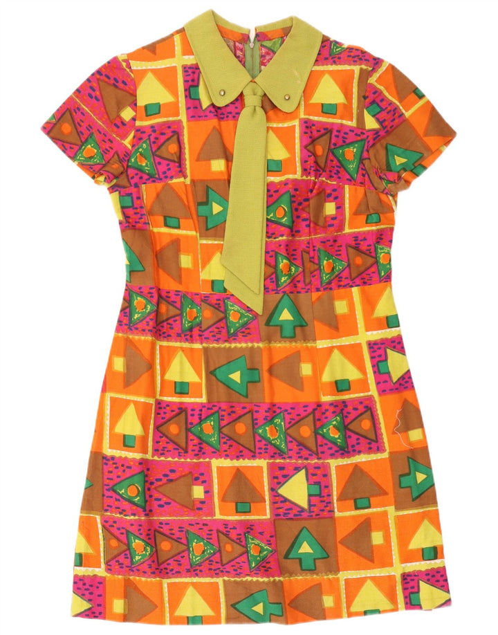 Vintage Womens Front Tie A-Line Dress UK 16 Large Multicoloured Geometric