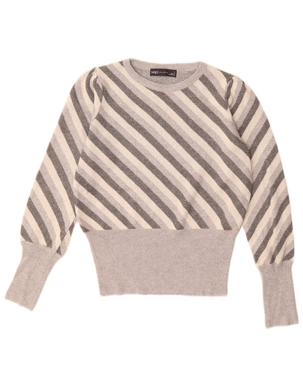 Marks & Spencer Womens Crew Neck Jumper Sweater UK 8 Small Grey Striped