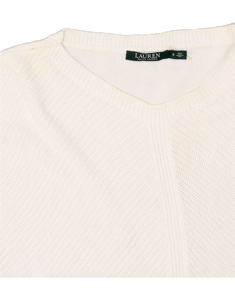 RALPH LAUREN Womens Short Sleeve V-Neck Jumper Sweater UK 10 Small White | Vintage Ralph Lauren | Thrift | Second-Hand Ralph Lauren | Used Clothing | Messina Hembry 