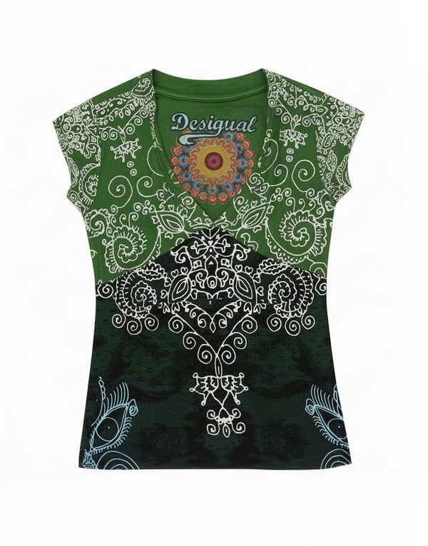 Desigual Womens Graphic T-Shirt Top UK 6 XS Green Paisley Viscose