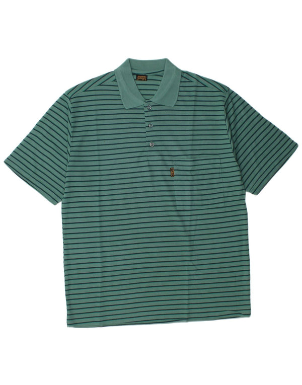 Vintage Mens Polo Shirt Medium Green Striped Cotton