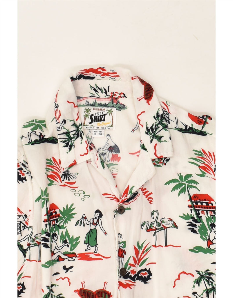 PULL & BEAR Mens Graphic Short Sleeve Shirt Small White Viscose Hawaiian | Vintage Pull & Bear | Thrift | Second-Hand Pull & Bear | Used Clothing | Messina Hembry 