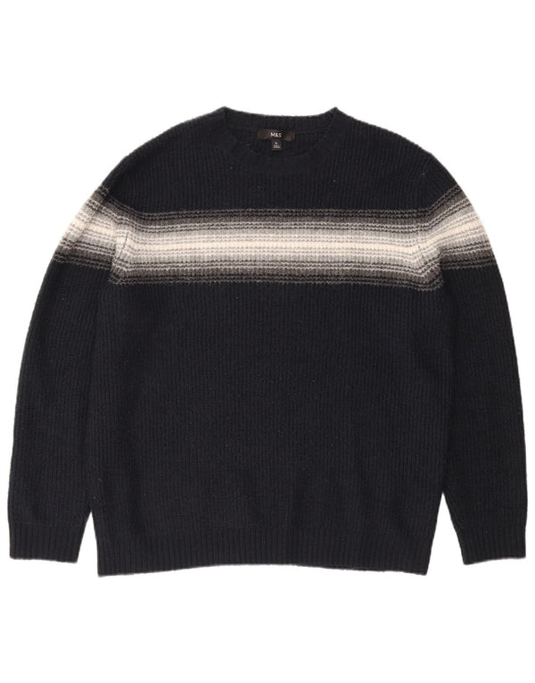 Marks & Spencer Mens Crew Neck Jumper Sweater XL Navy Blue Striped Acrylic