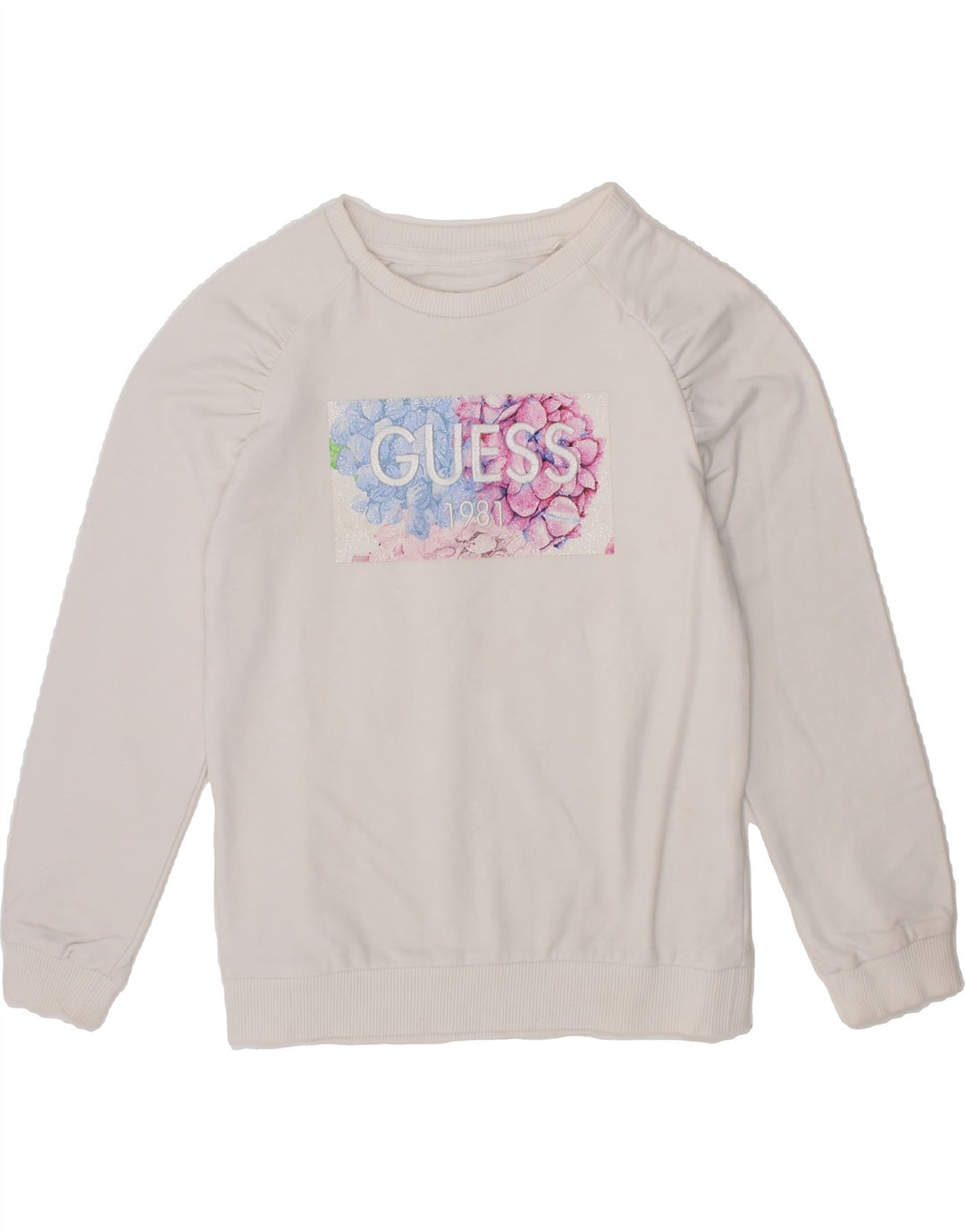 GUESS Girls Graphic Sweatshirt Jumper 4-5 Years White Cotton Vintage Guess and Second-Hand Guess from Messina Hembry 
