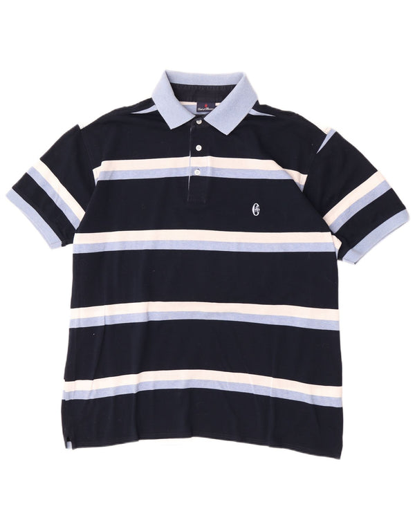 Conte of Florence Mens Rugby Polo Shirt XL Navy Blue Striped Cotton