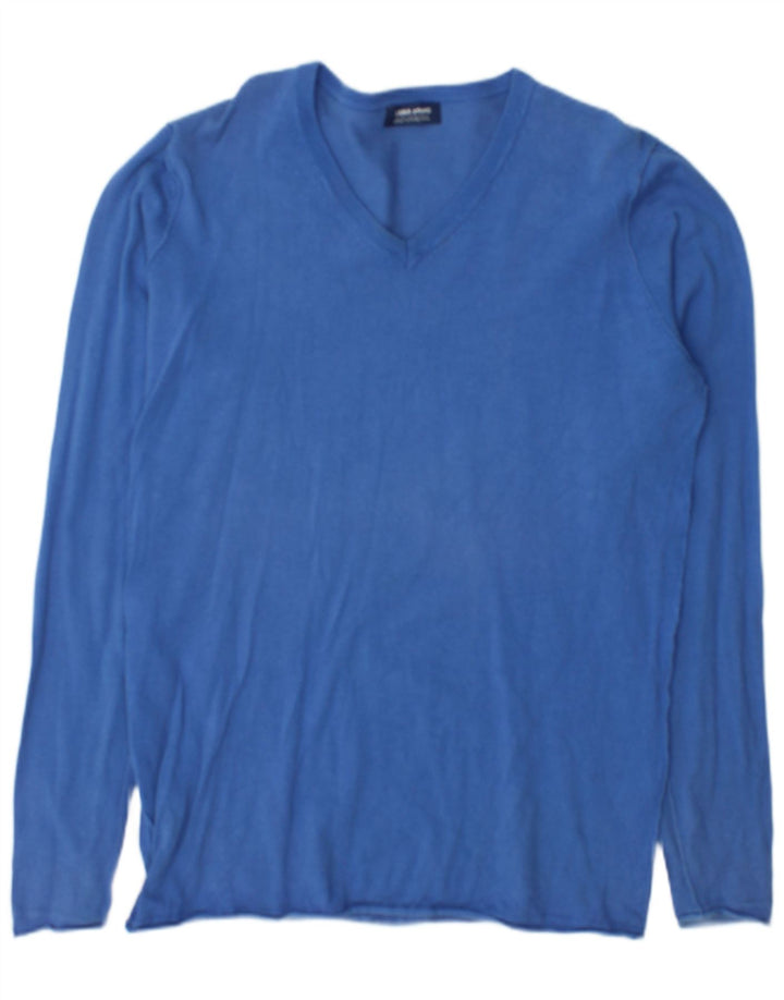 Zara Mens V-Neck Jumper Sweater XL Blue Cotton