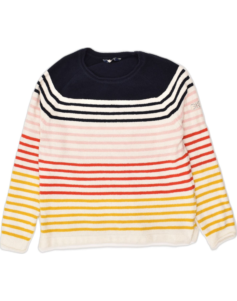 JOULES Womens Fleece Jumper UK 12 Medium White Striped Polyester Nautical | Vintage Joules | Thrift | Second-Hand Joules | Used Clothing | Messina Hembry 