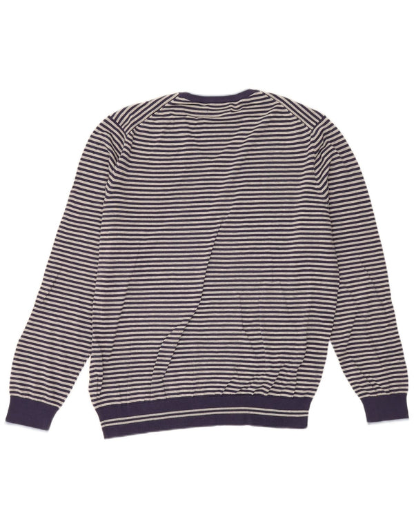 Massimo Dutti Mens V-Neck Jumper Sweater XL Blue Striped Cotton