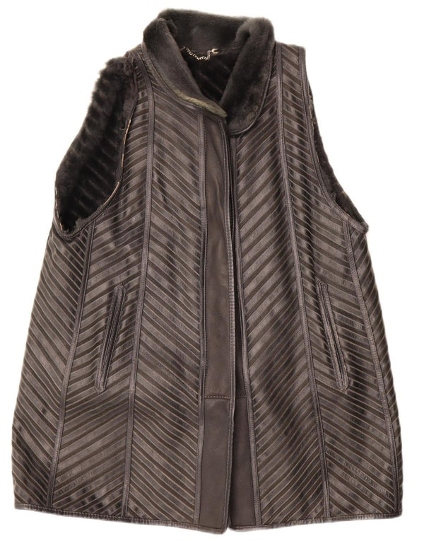 VINTAGE Womens Sherpa Longline Gilet EU 40 Medium Grey Striped Leather