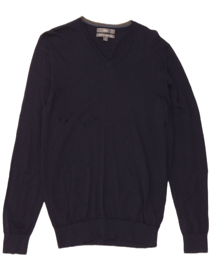 Marks & Spencer Mens V-Neck Jumper Sweater Medium Navy Blue Merino Wool