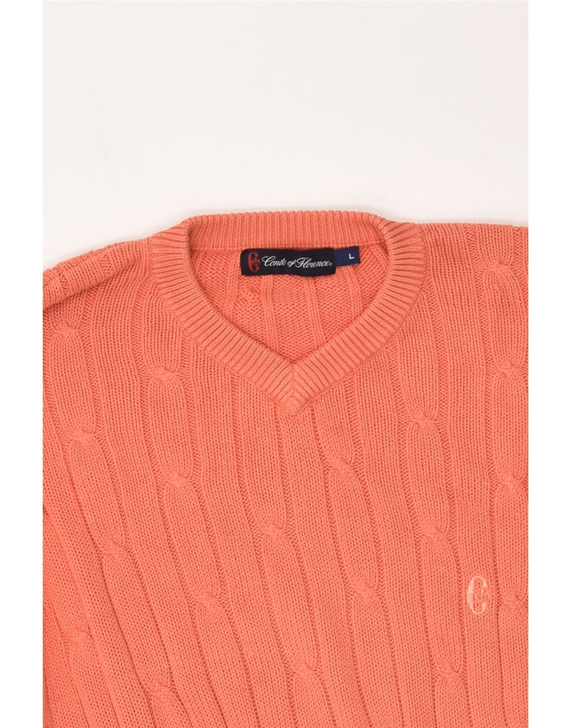 CONTE OF FLORENCE Mens V-Neck Jumper Sweater Large Orange Cotton | Vintage Conte of Florence | Thrift | Second-Hand Conte of Florence | Used Clothing | Messina Hembry 