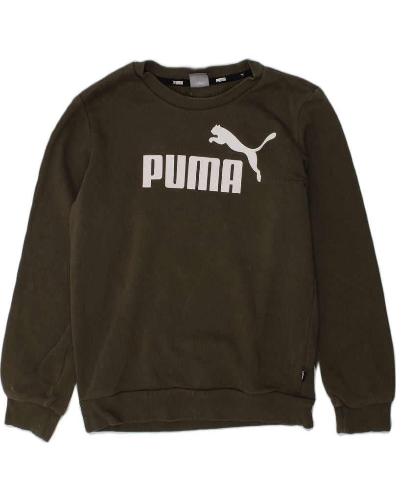 PUMA Boys Graphic Sweatshirt Jumper 8-9 Years Khaki Cotton | Vintage Puma | Thrift | Second-Hand Puma | Used Clothing | Messina Hembry 