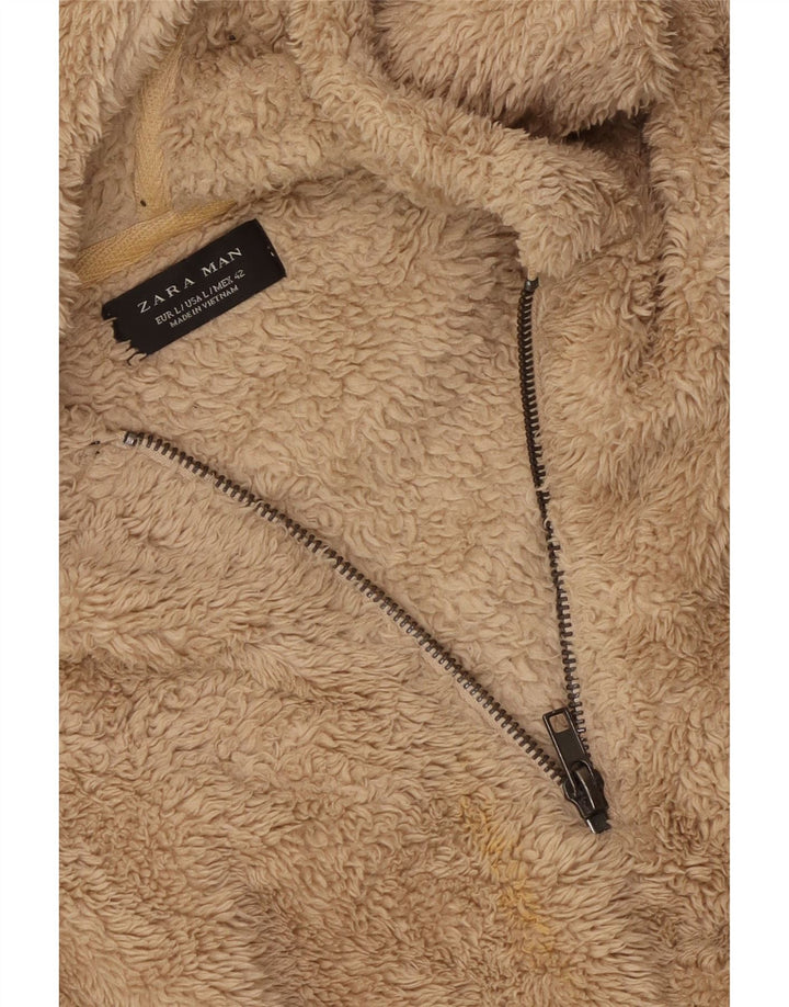 ZARA Mens Hooded Fleece Jumper Large Beige