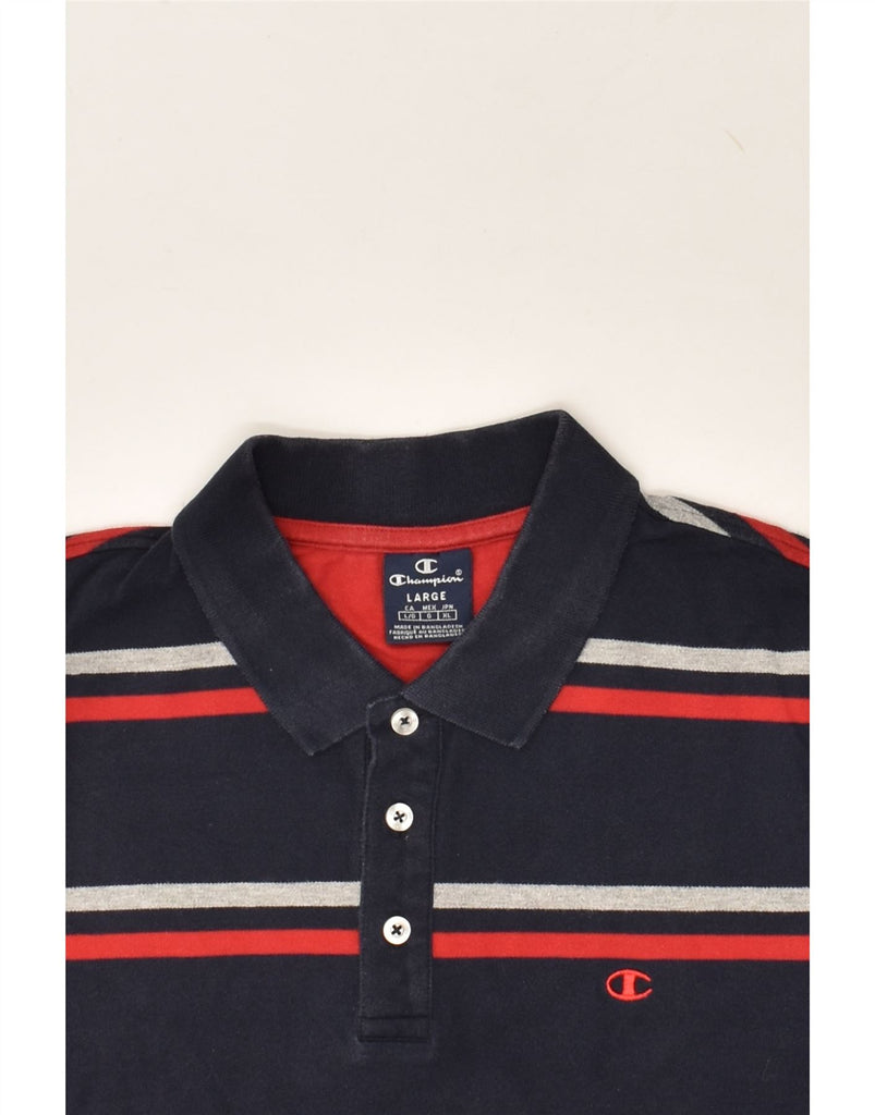 CHAMPION Mens Polo Shirt Large Navy Blue Striped | Vintage Champion | Thrift | Second-Hand Champion | Used Clothing | Messina Hembry 