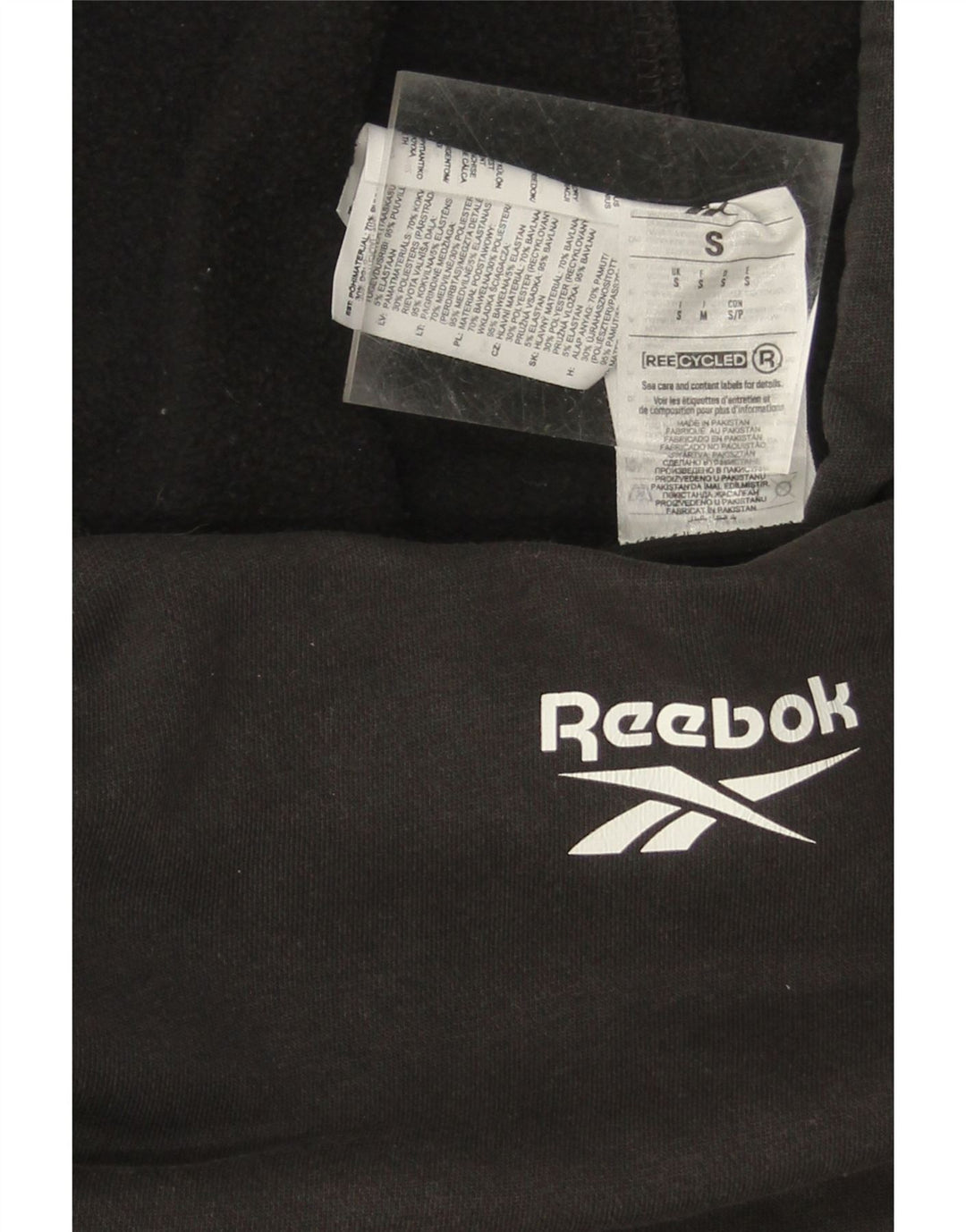 REEBOK Mens Graphic Hoodie Jumper Small Black Cotton Vintage Reebok and Second-Hand Reebok from Messina Hembry 