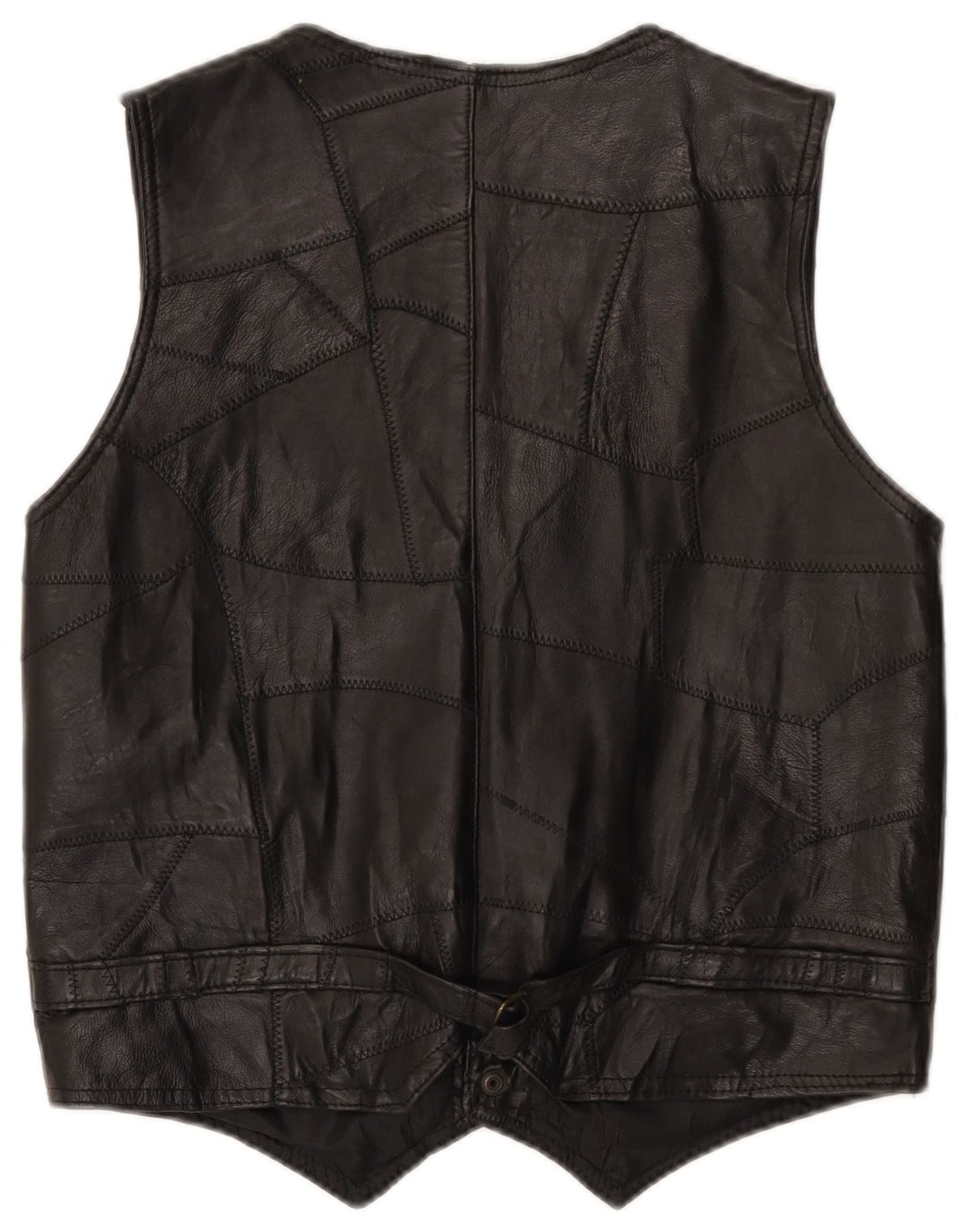 Vintage Mens Leather Waistcoat XL Black Patchwork