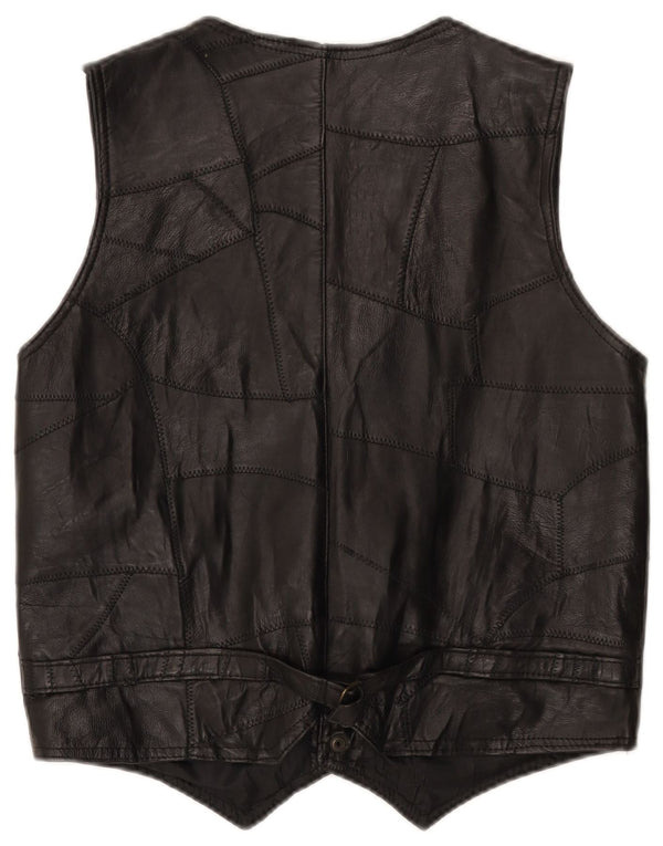 Vintage Mens Leather Waistcoat XL Black Patchwork