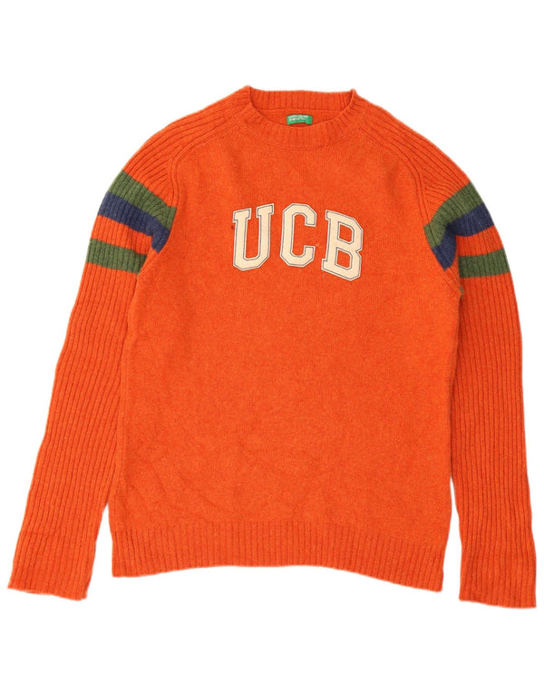 Benetton Womens Crew Neck Jumper Sweater UK 12 Medium Orange Striped