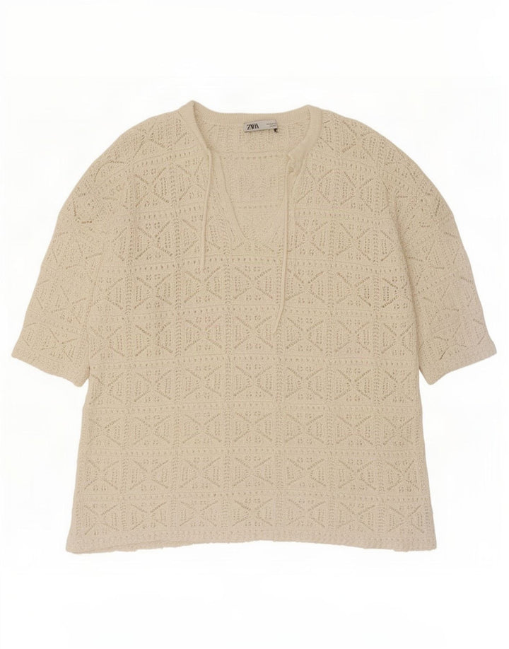 Zara Womens Oversized Crochet Tunic Top UK 14 Medium Off White Cotton