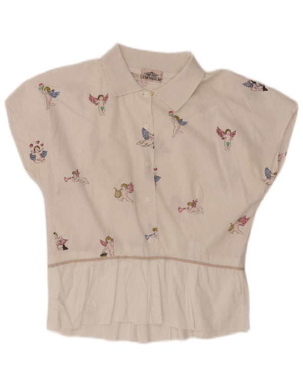 GYMNASIUM Womens Graphic Blouse Top UK 14 Large Off White Cotton