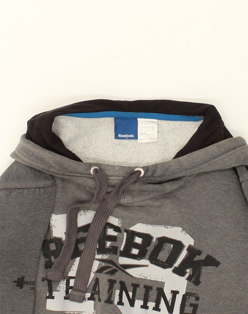 REEBOK Womens Graphic Hoodie Jumper UK 14 Medium Grey Cotton | Vintage Reebok | Thrift | Second-Hand Reebok | Used Clothing | Messina Hembry 