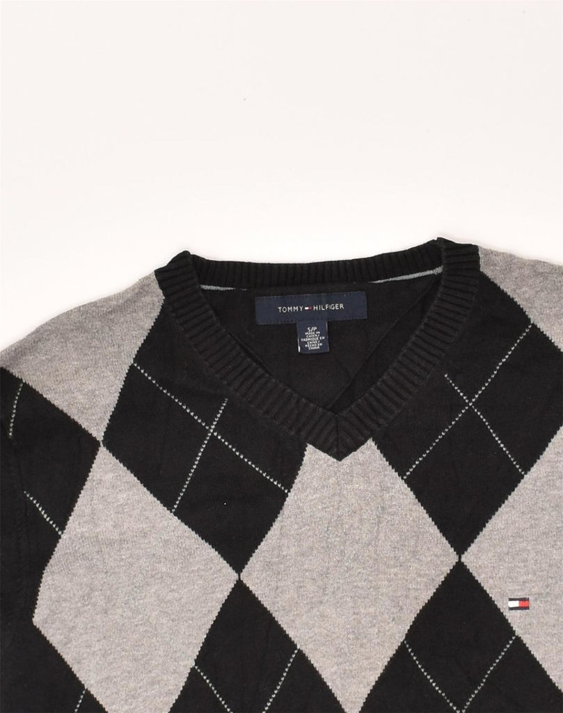 TOMMY HILFIGER Mens V-Neck Jumper Sweater Small Black Argyle/Diamond | Vintage Tommy Hilfiger | Thrift | Second-Hand Tommy Hilfiger | Used Clothing | Messina Hembry 