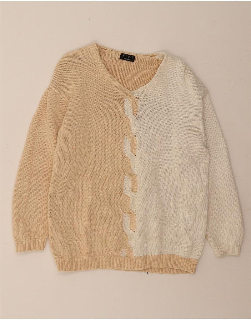 NICE CONNECTION Womens V-Neck Jumper Sweater UK 16 Large Beige Colourblock Vintage Nice Connection and Second-Hand Nice Connection from Messina Hembry 