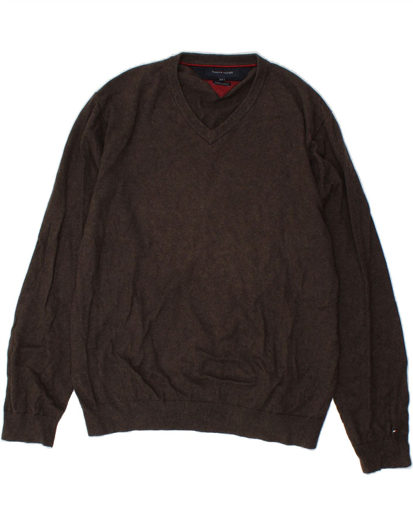 TOMMY HILFIGER Mens V-Neck Jumper Sweater 2XL Brown Cotton | Vintage Tommy Hilfiger | Thrift | Second-Hand Tommy Hilfiger | Used Clothing | Messina Hembry 