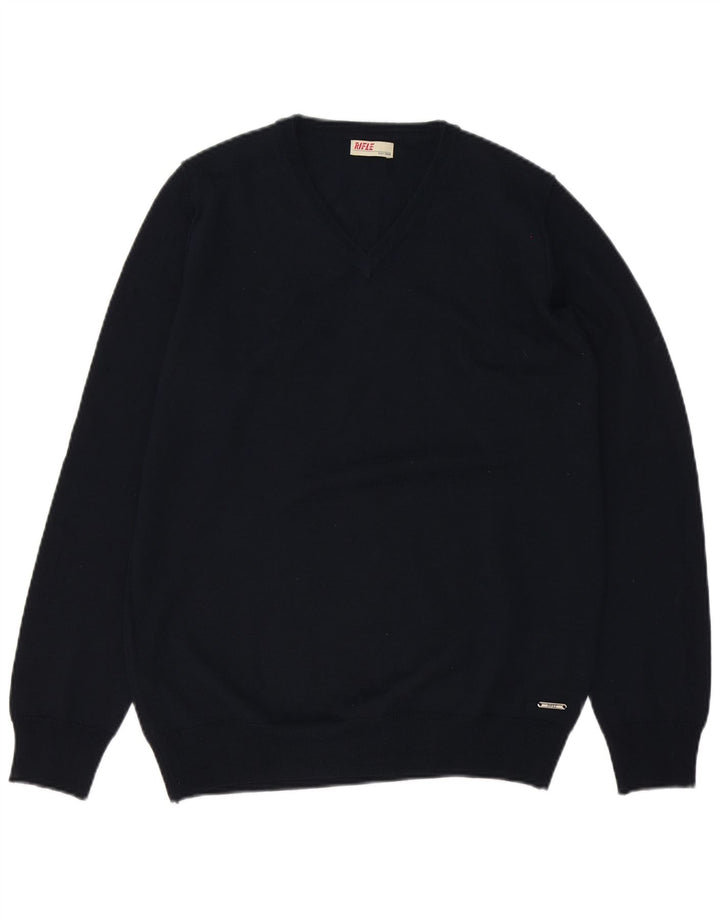 Rifle Mens V-Neck Jumper Sweater Small Navy Blue Acrylic