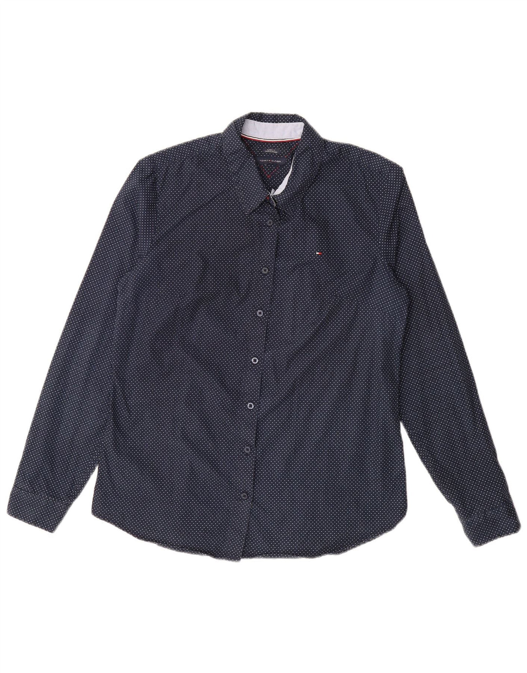 TOMMY HILFIGER Womens Classic Fit Shirt Small Navy Blue Polka Dot Classic