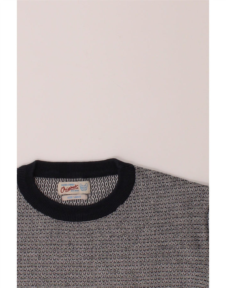 JACK & JONES Mens Crew Neck Jumper Sweater Large Grey Striped Cotton Vintage Jack & Jones and Second-Hand Jack & Jones from Messina Hembry 