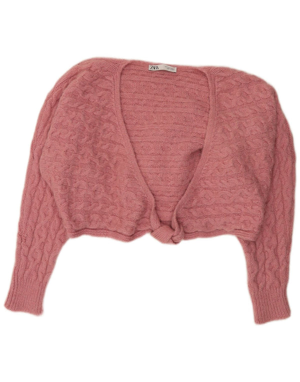 Zara Womens Crop Oversized Cardigan Sweater UK 10 Small Pink Acrylic