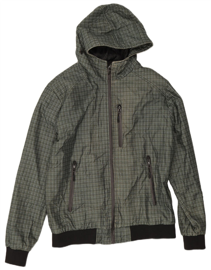 Zara Mens Hooded Bomber Jacket UK 44 2XL Green Check Polyester