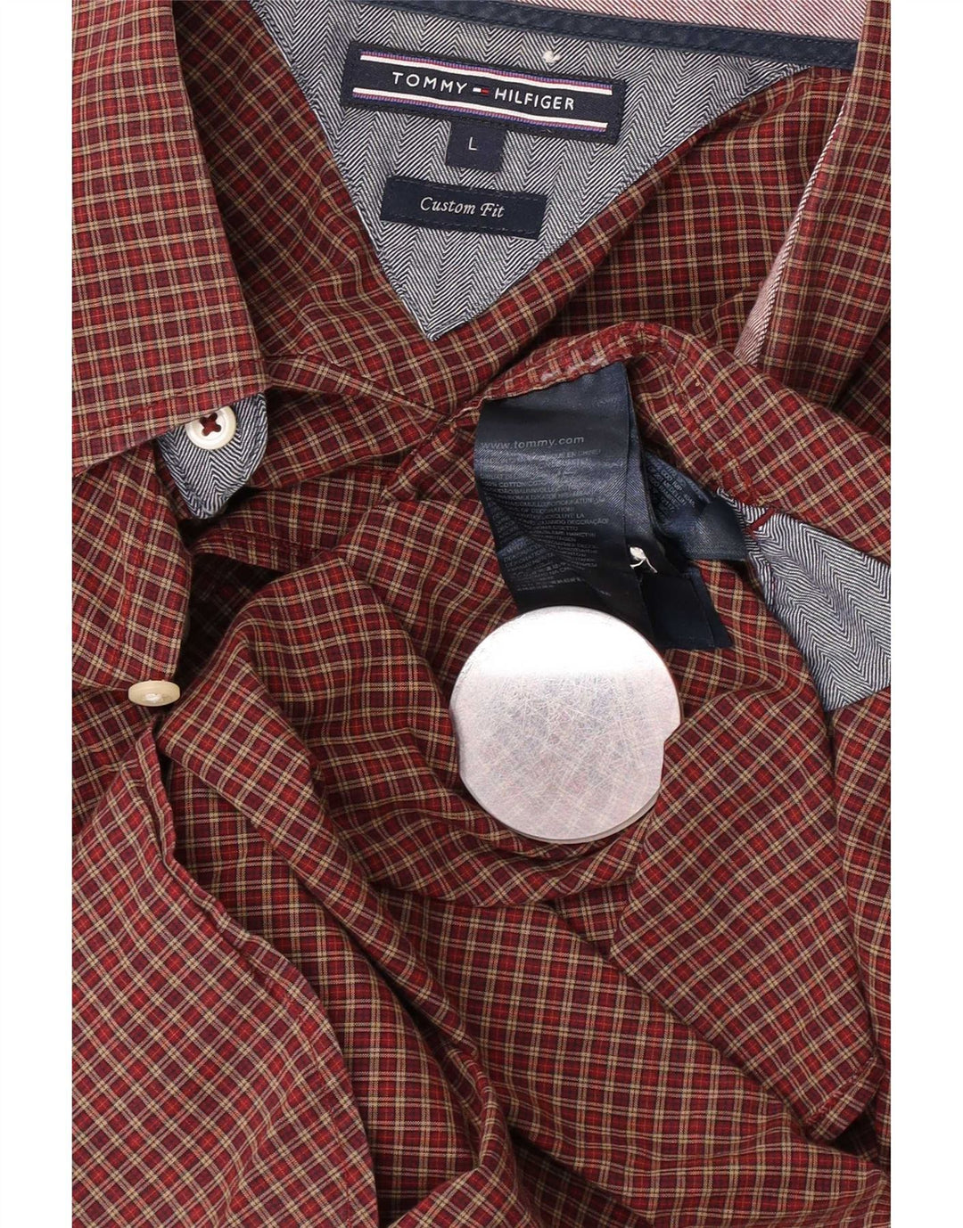 Tommy Hilfiger Mens Custom Fit Shirt Large Burgundy Check Cotton