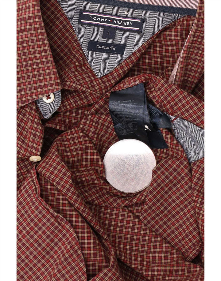 Tommy Hilfiger Mens Custom Fit Shirt Large Burgundy Check Cotton