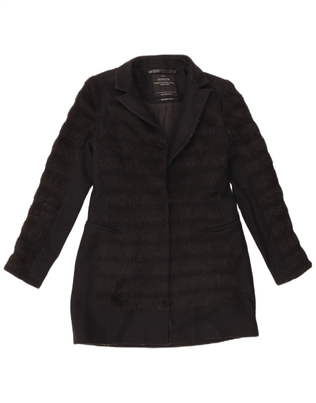 All Saints Womens Overcoat UK 10 Small Black Striped Virgin Wool